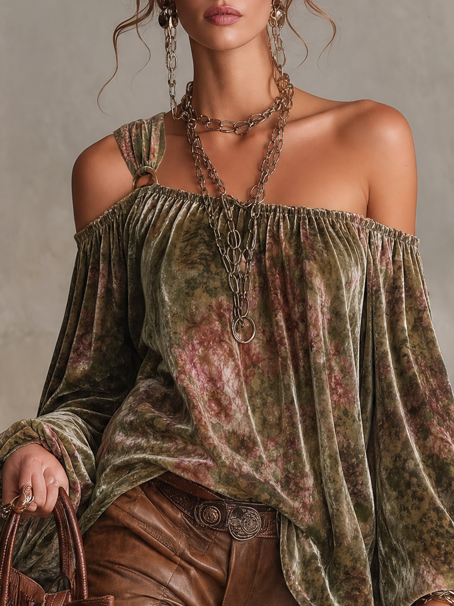 Green Velvet Floral Print Off Shoulder Loose Top
