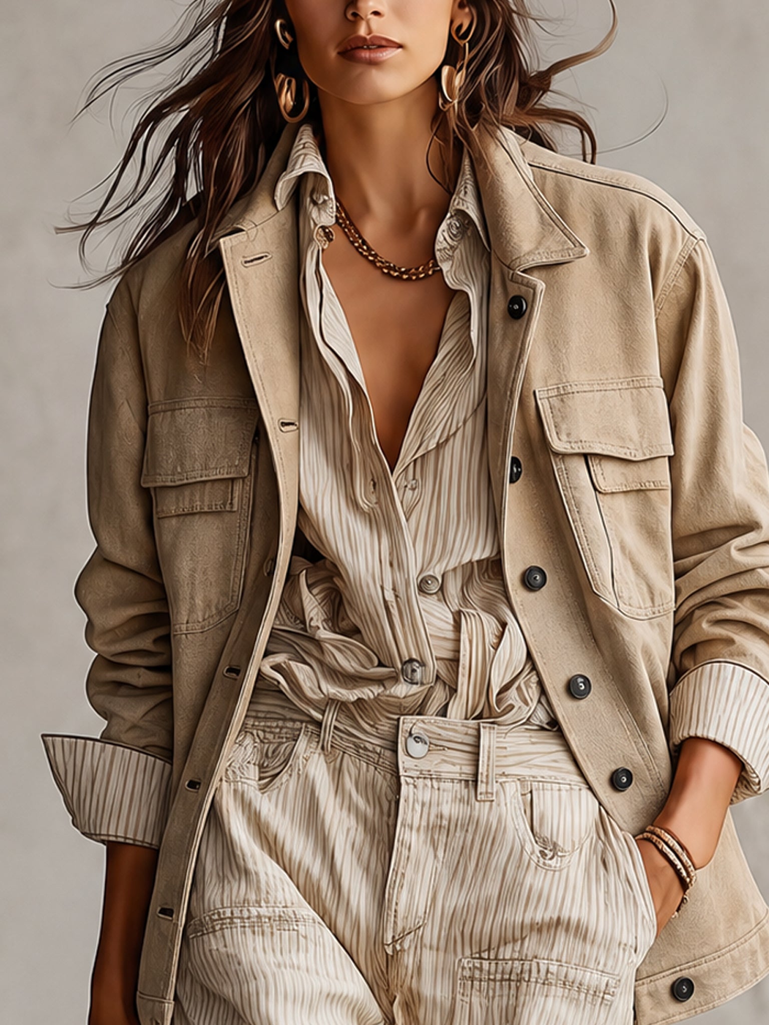 Beige Washed Cotton Oversized Utility Jacket