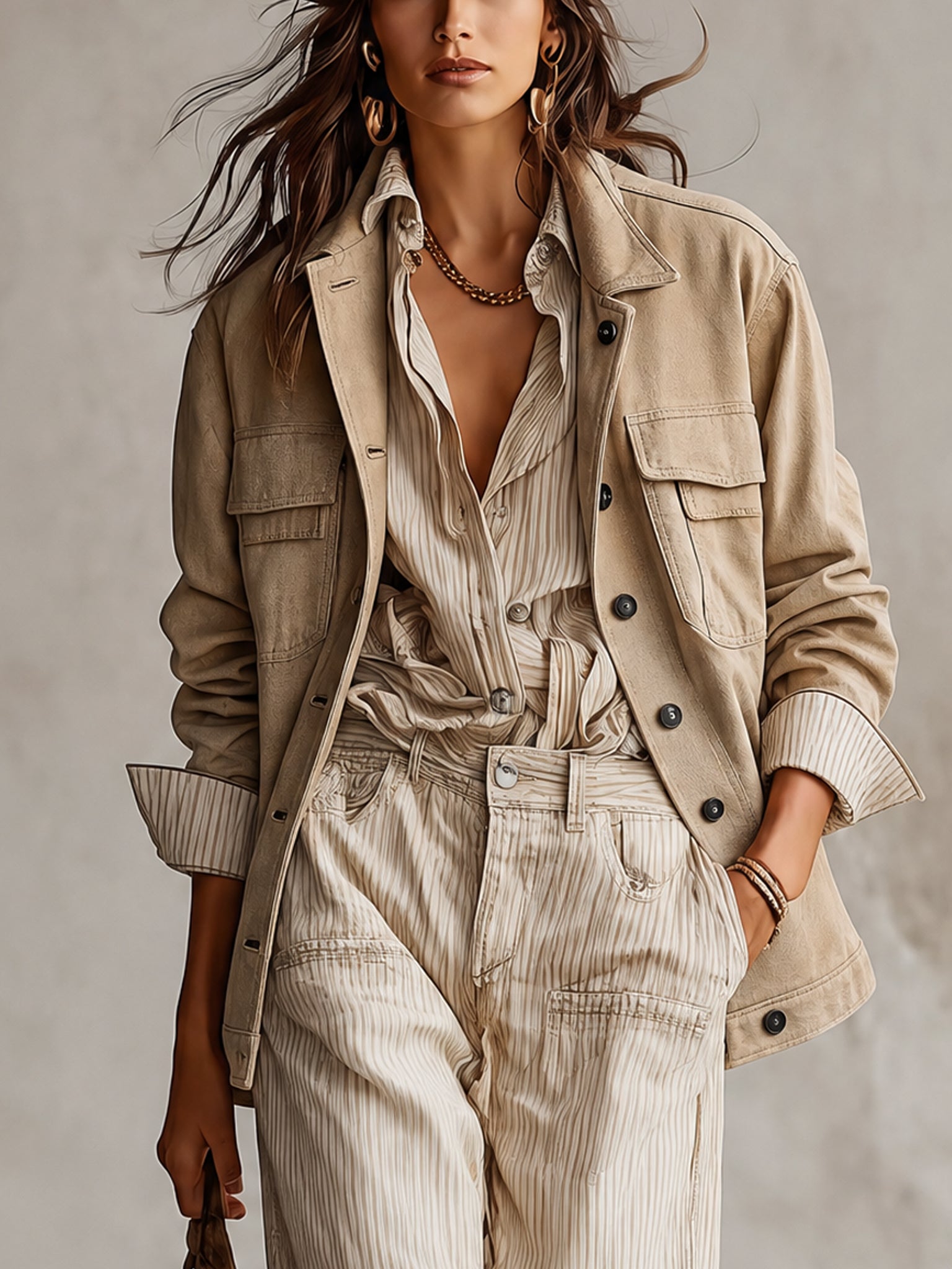 Beige Washed Cotton Oversized Utility Jacket