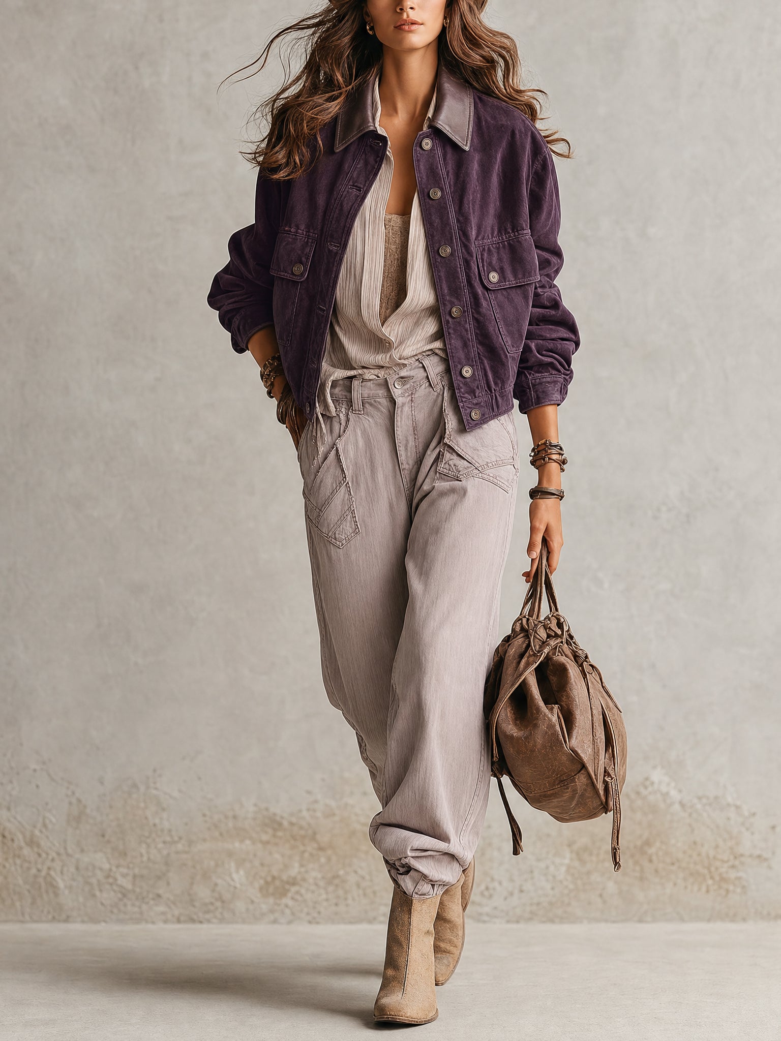 Purple Washed Cotton And PU Patchwork Oversized Jacket
