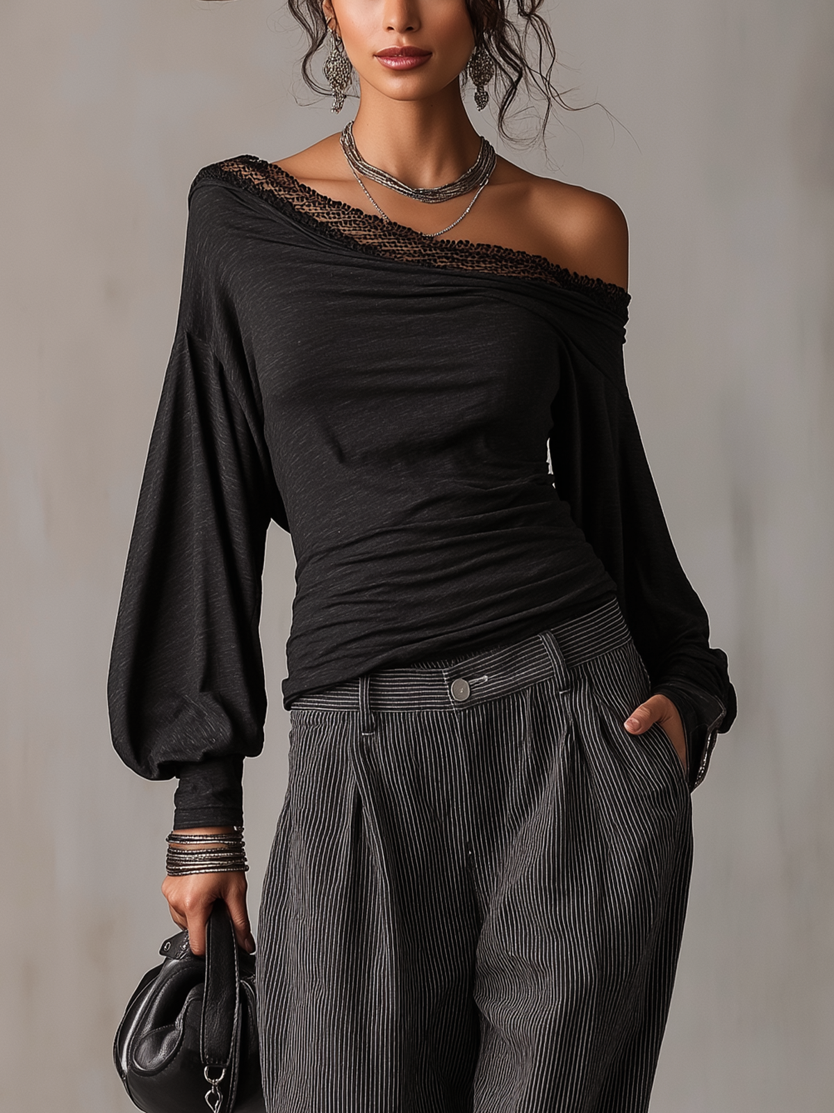 Black Lace Trim Off‑Shoulder Long Sleeve Top