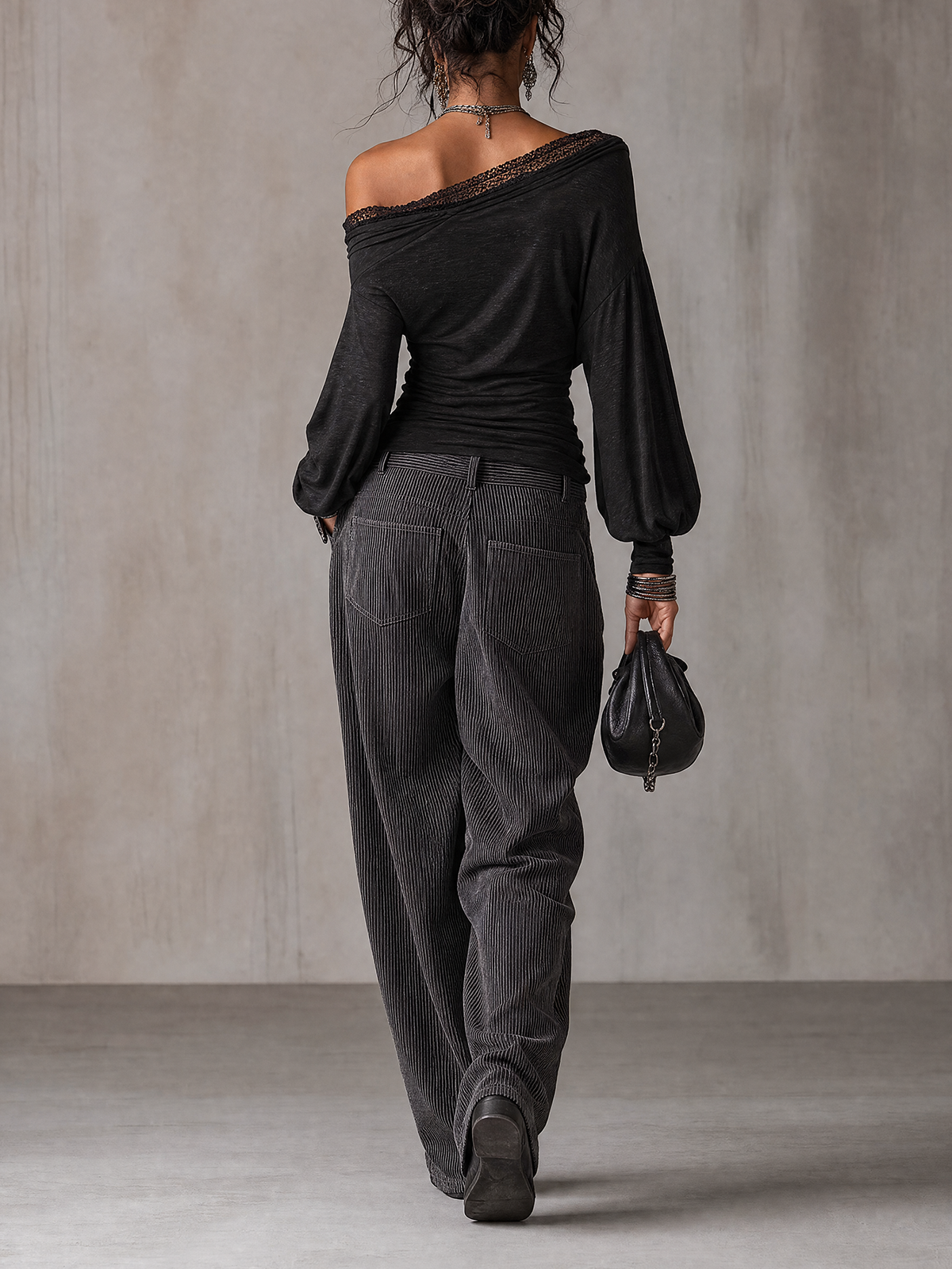 Black Lace Trim Off‑Shoulder Long Sleeve Top