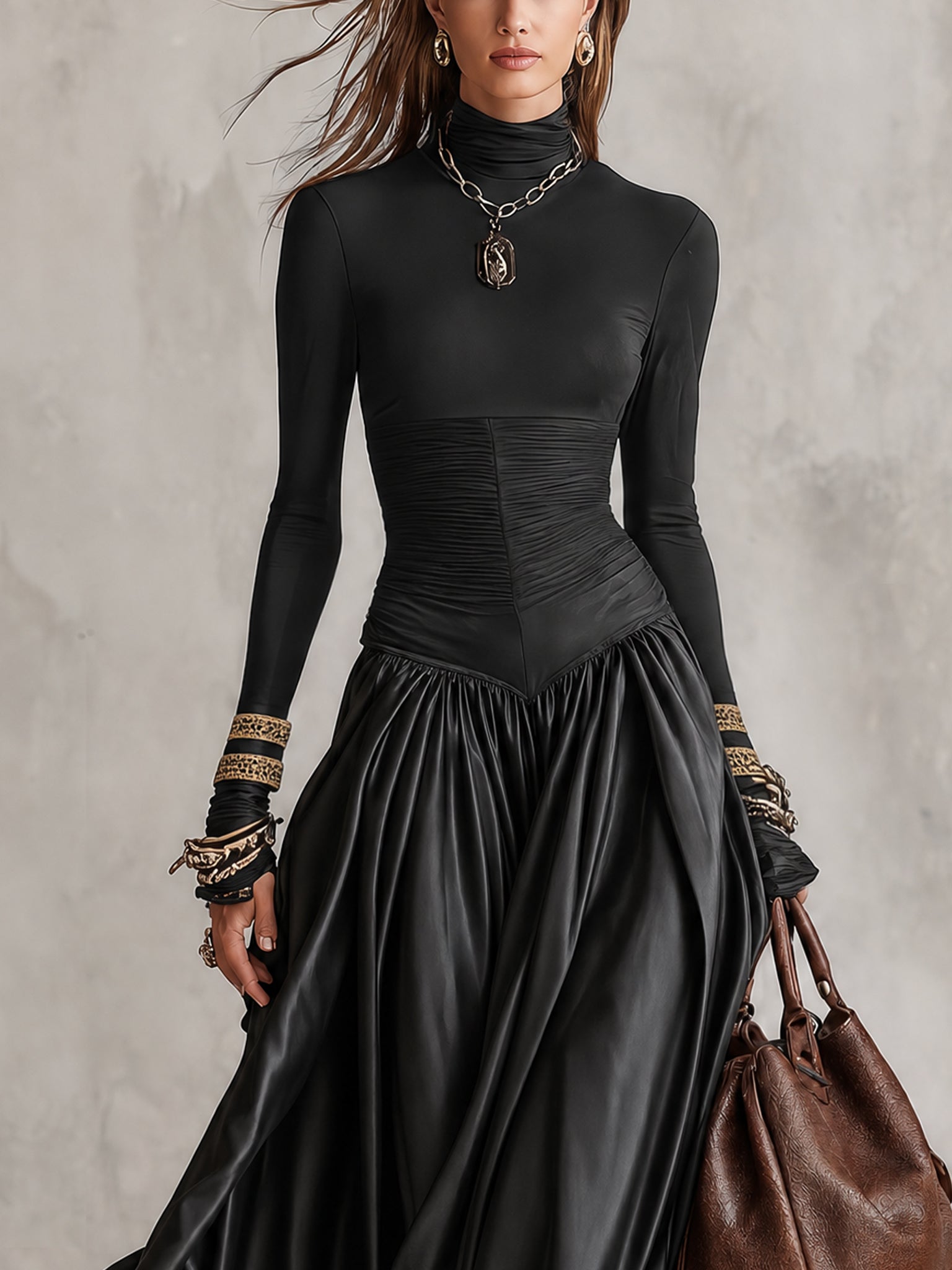 Black Stretch Satin Panel Maxi Dress