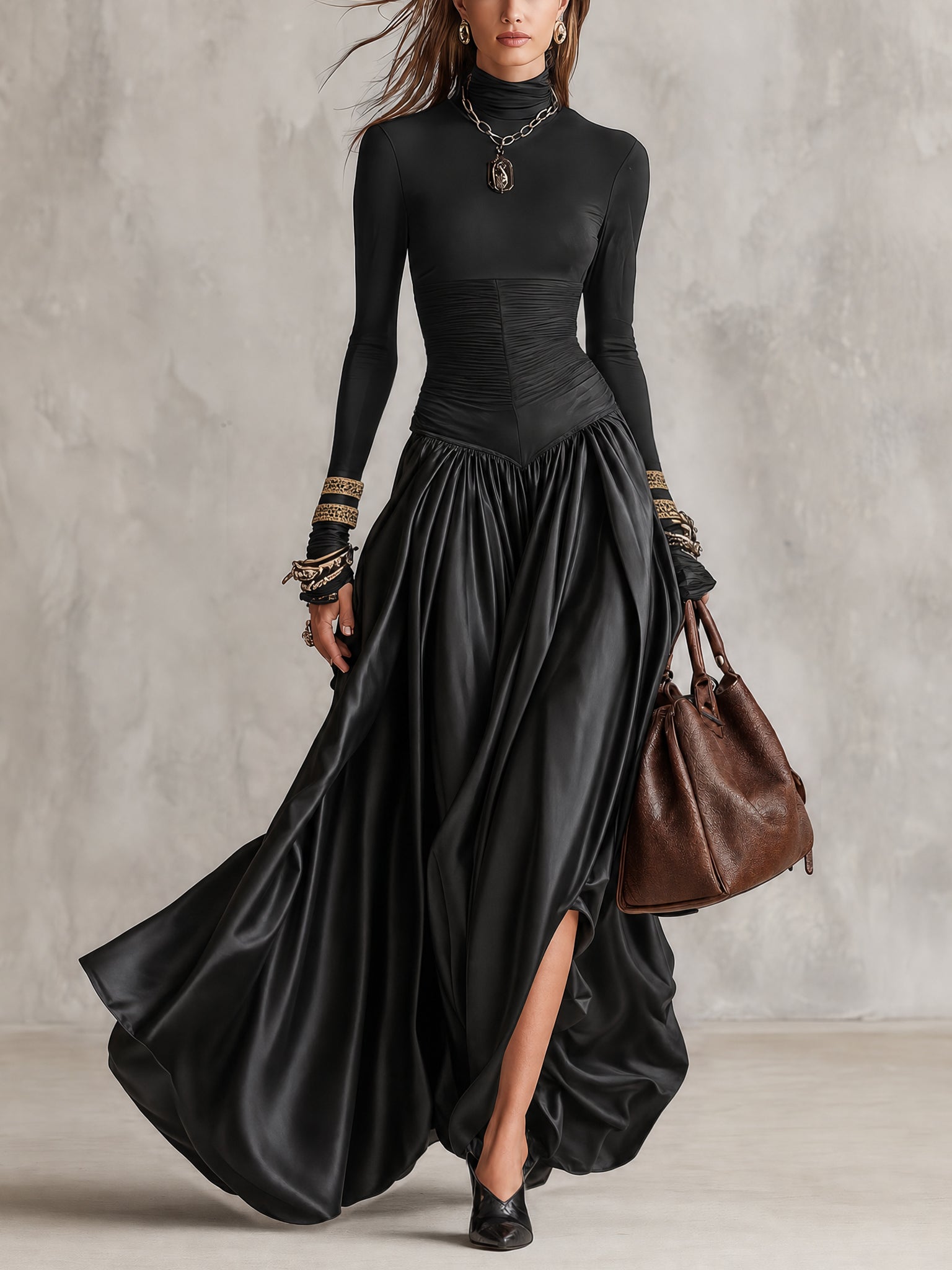 Black Stretch Satin Panel Maxi Dress