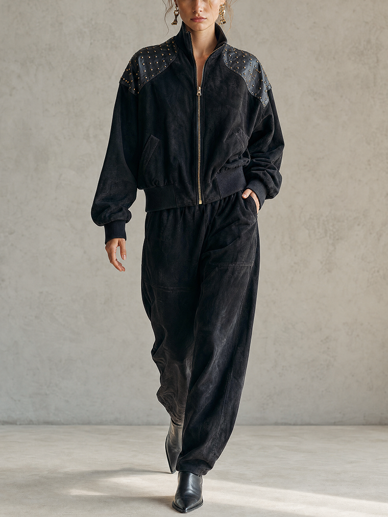 Black Suede-Effect Studded Leather-Panel Bomber Jacket And Cuffed Pants Set