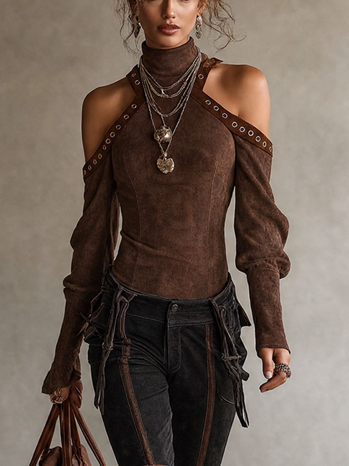 Brown Faux Suede Eyelet Cut‑Out Shoulder Long Sleeve Top