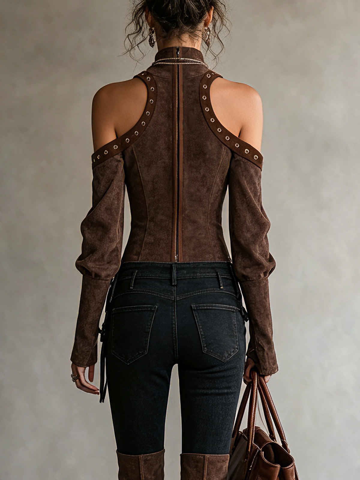 Brown Faux Suede Eyelet Cut‑Out Shoulder Long Sleeve Top
