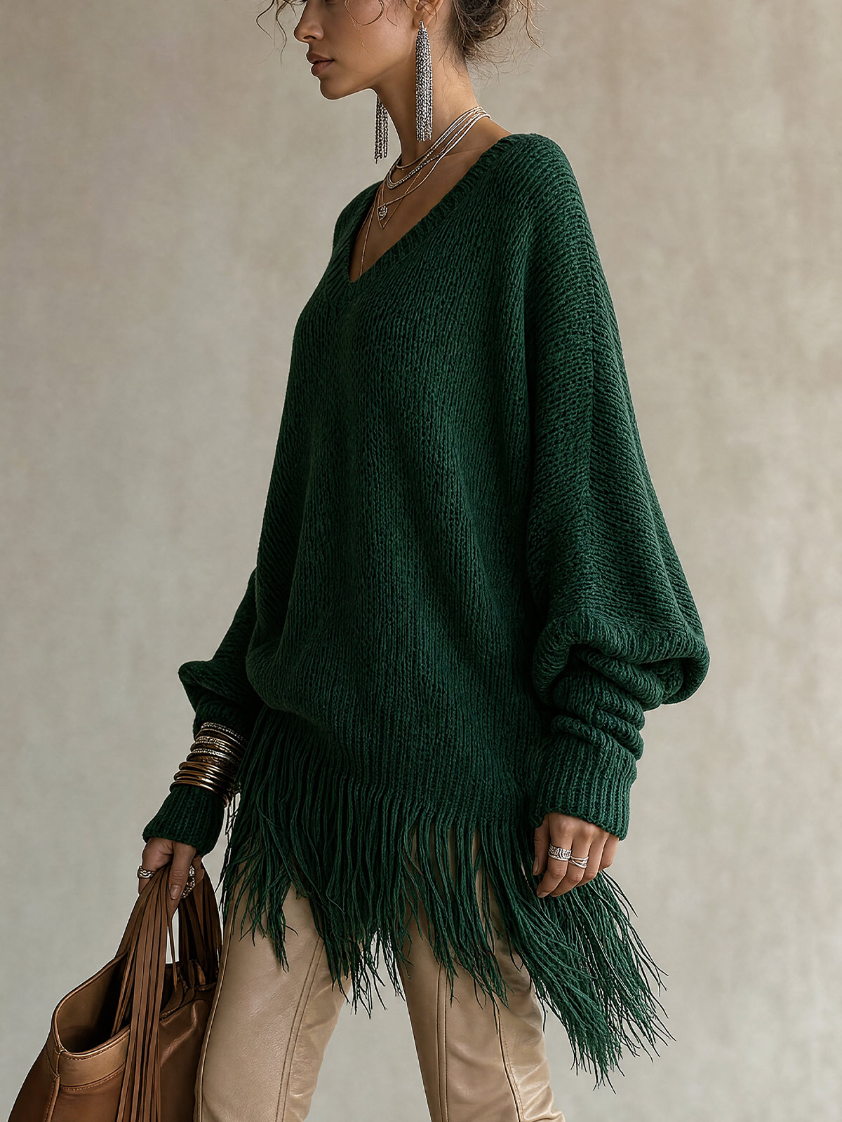 Dark Green V‑Neck Fringe Hem Oversized Knit Top
