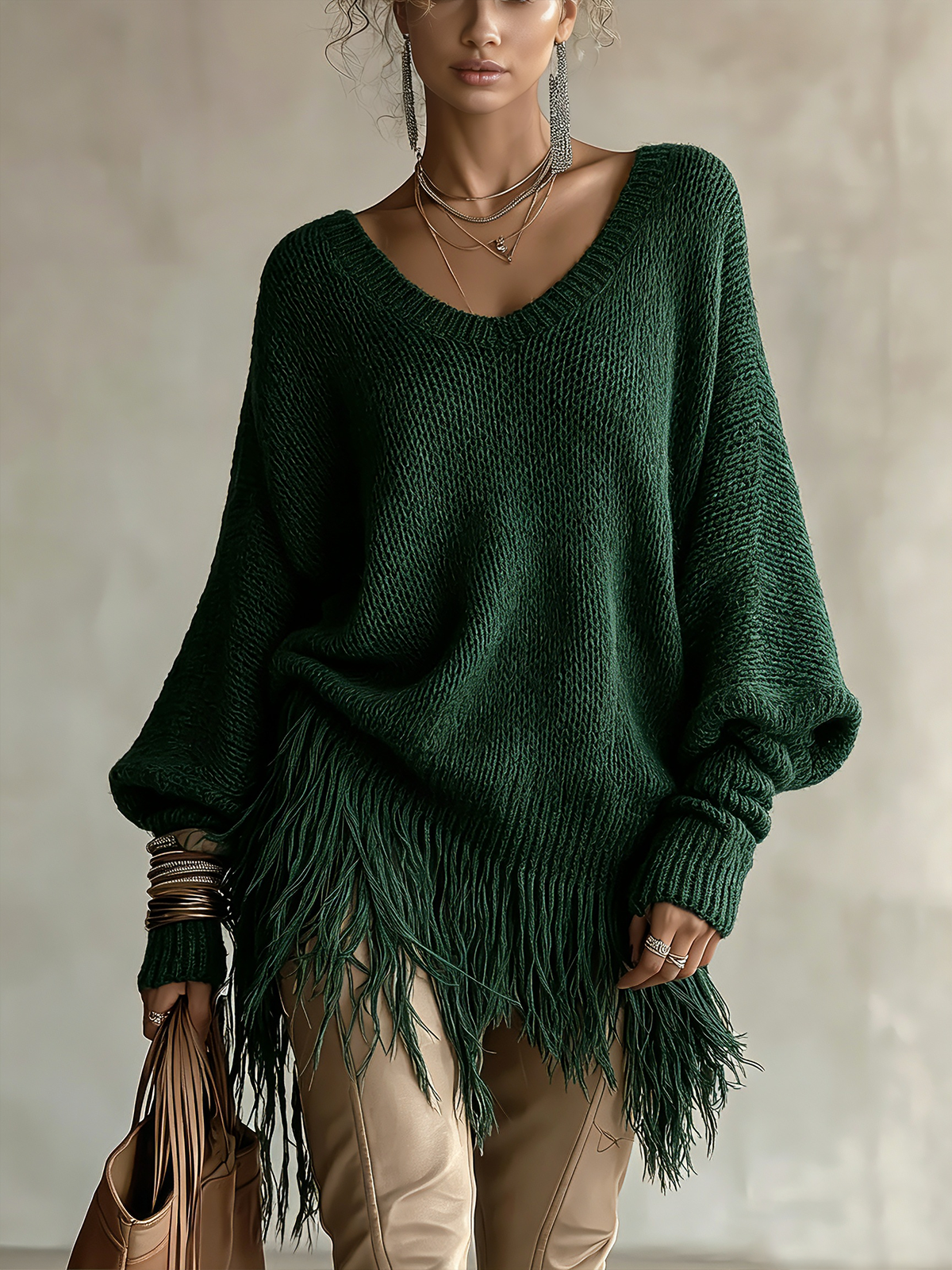 Dark Green V‑Neck Fringe Hem Oversized Knit Top