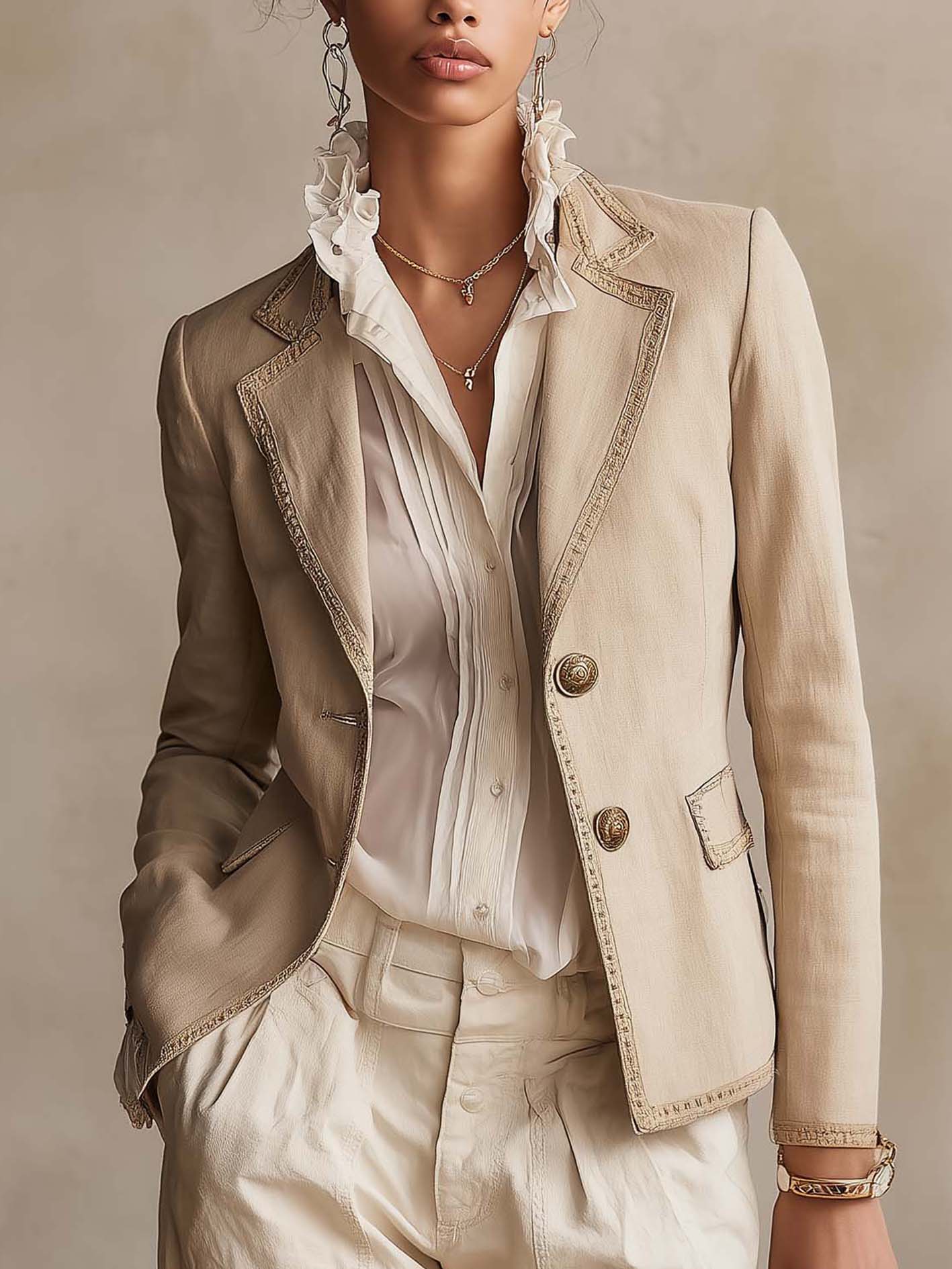 Beige Tailored Blazer With Vintage Trim And Embossed Button Detail