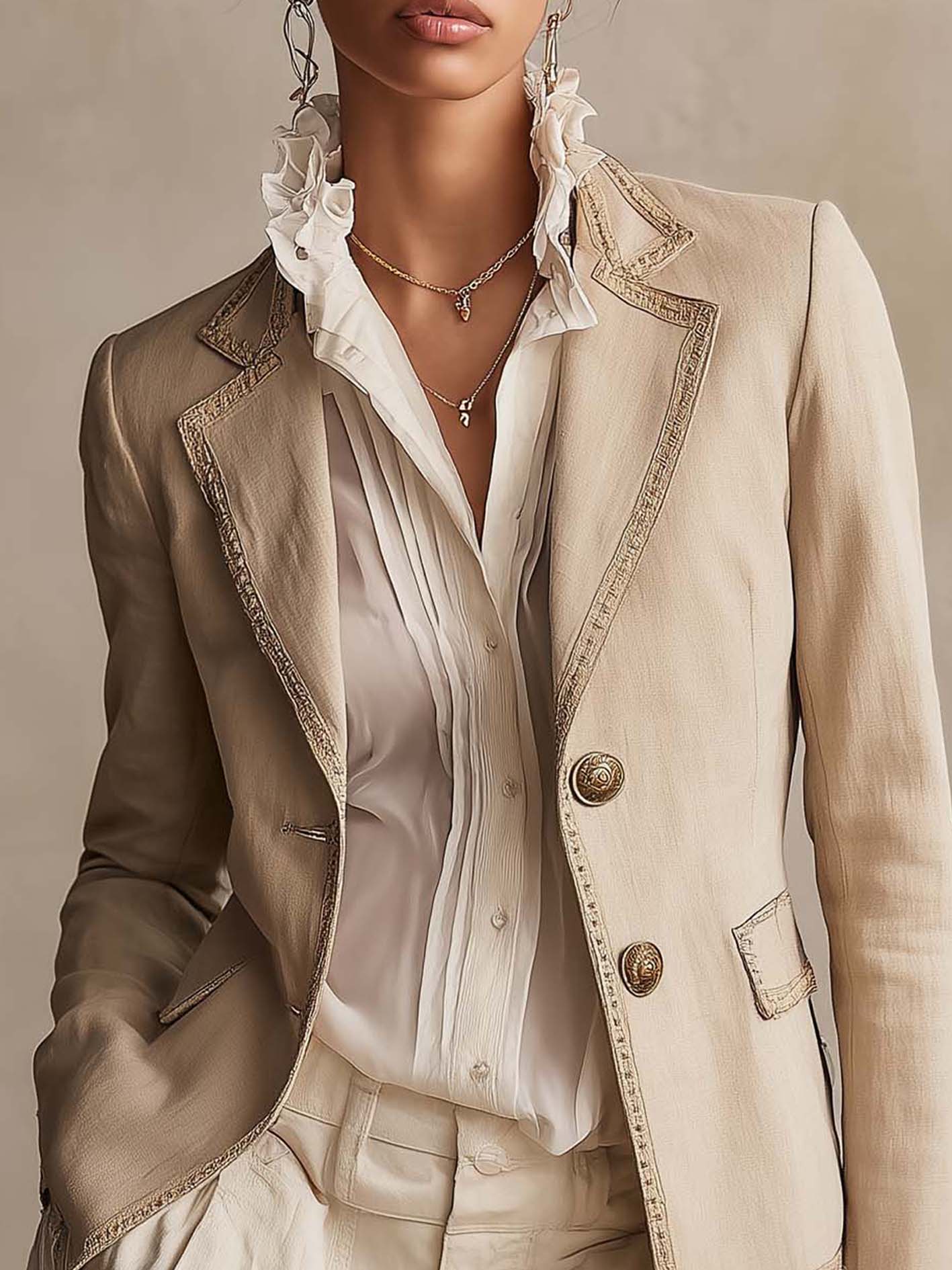 Beige Tailored Blazer With Vintage Trim And Embossed Button Detail