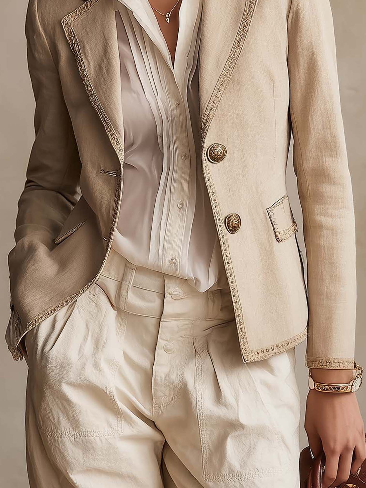 Beige Tailored Blazer With Vintage Trim And Embossed Button Detail