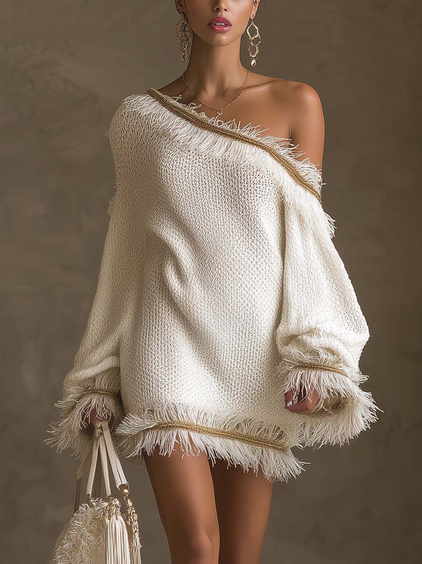 White One Shoulder Knit Mini Dress With Fringe Trim
