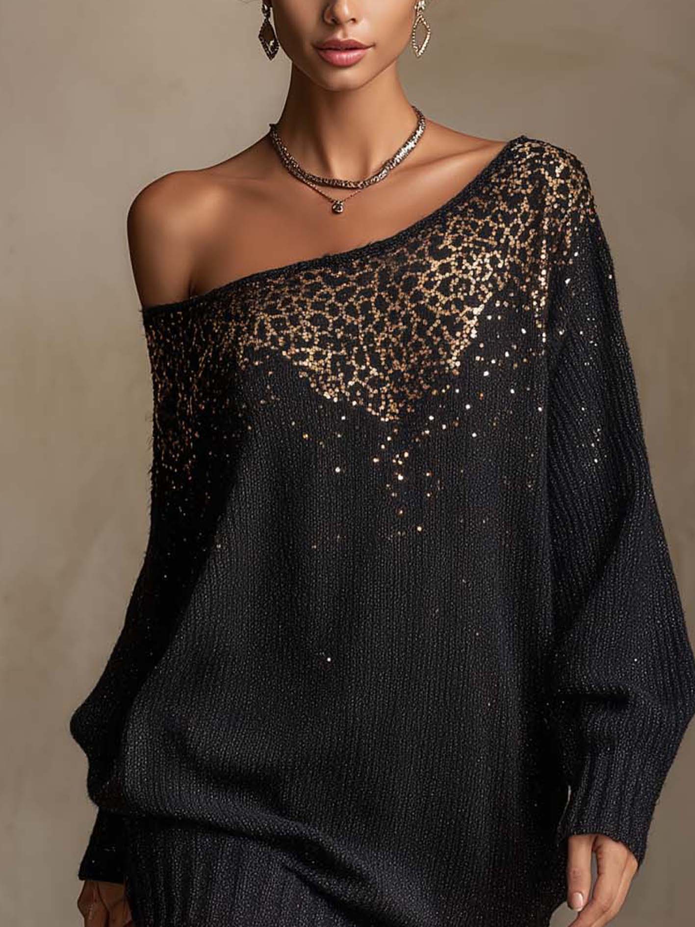 Black One-Shoulder Knit Mini Dress With Gold Sequin Leopard Detail