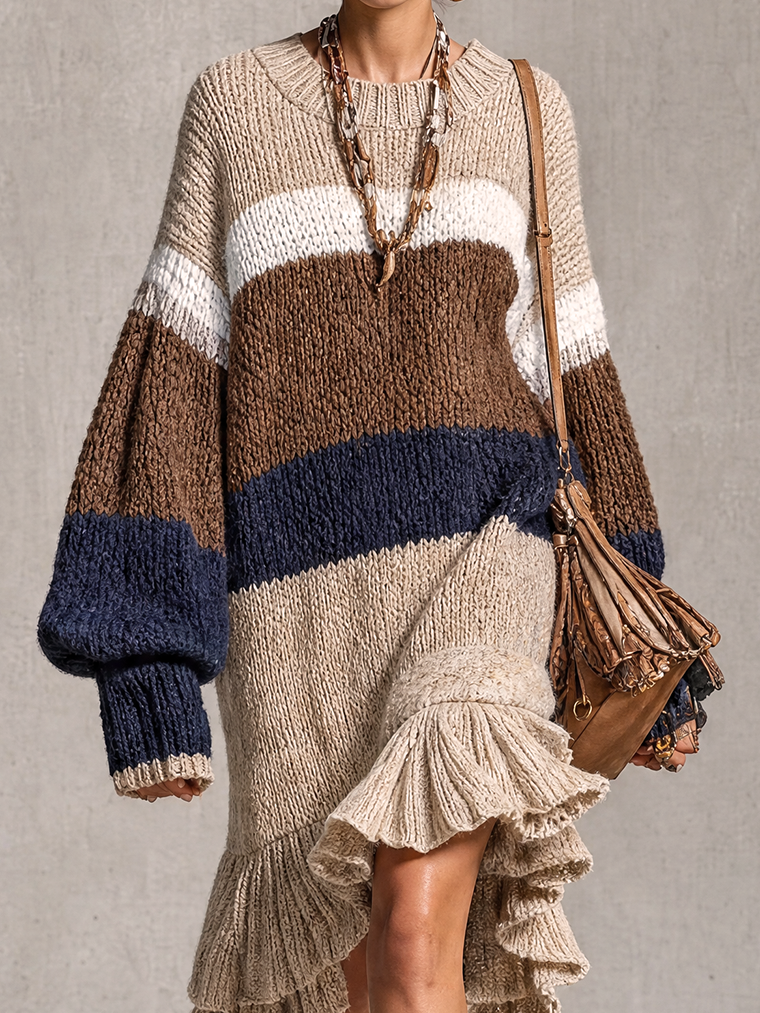 Beige Brown And Navy Colorblock Knit Ruffle Midi Dress
