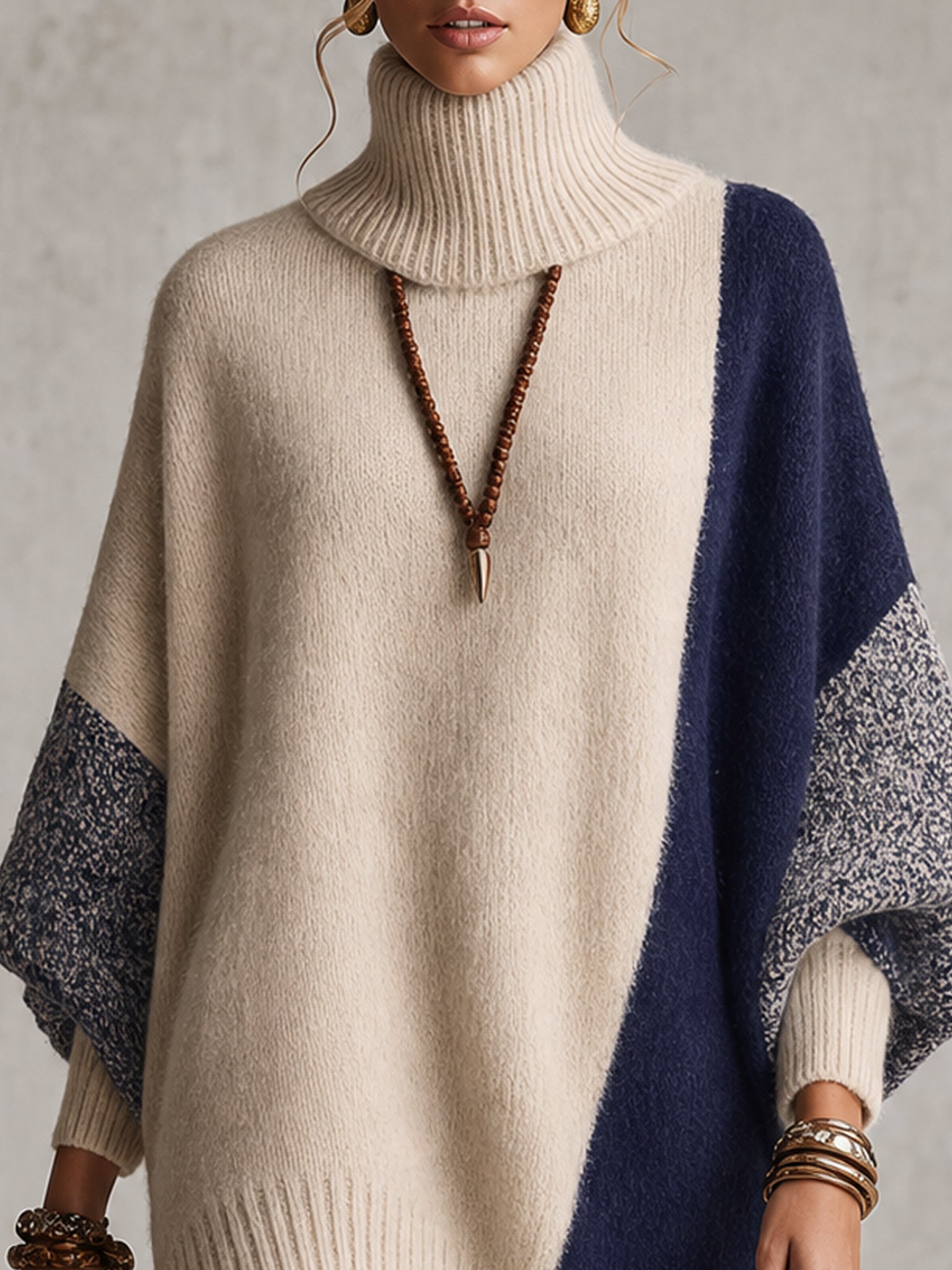 Color Block Knit Turtleneck Loose Mini Dress