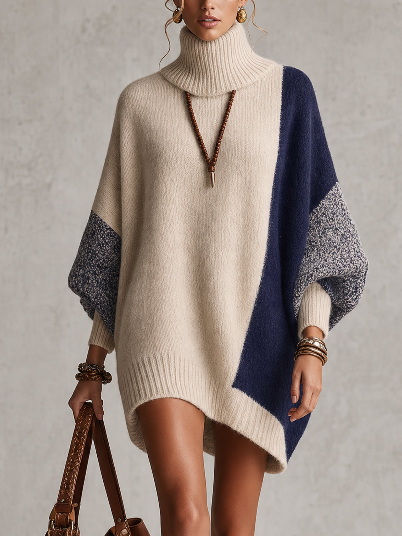 Color Block Knit Turtleneck Loose Mini Dress