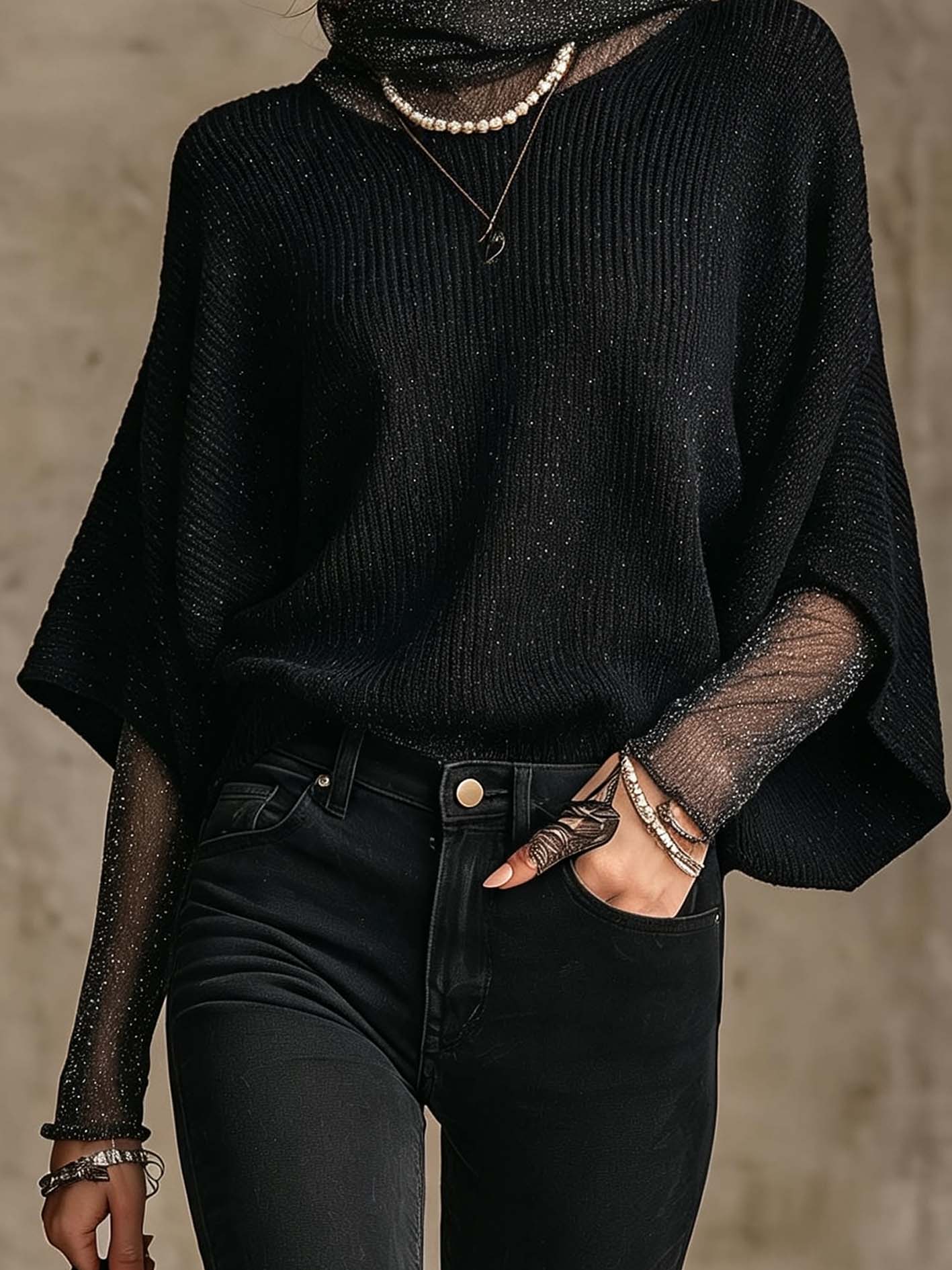 Black Shimmer Mesh Patchwork Batwing Sweater With Cowl Neck
