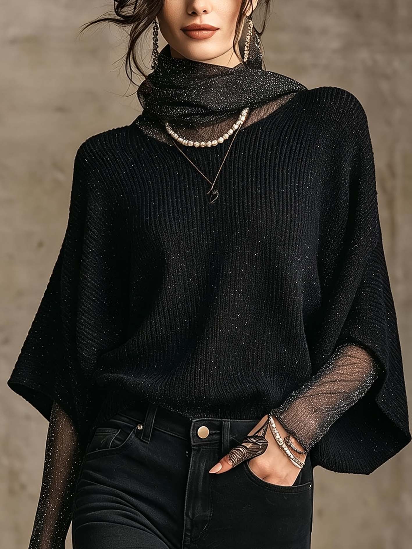 Black Shimmer Mesh Patchwork Batwing Sweater With Cowl Neck