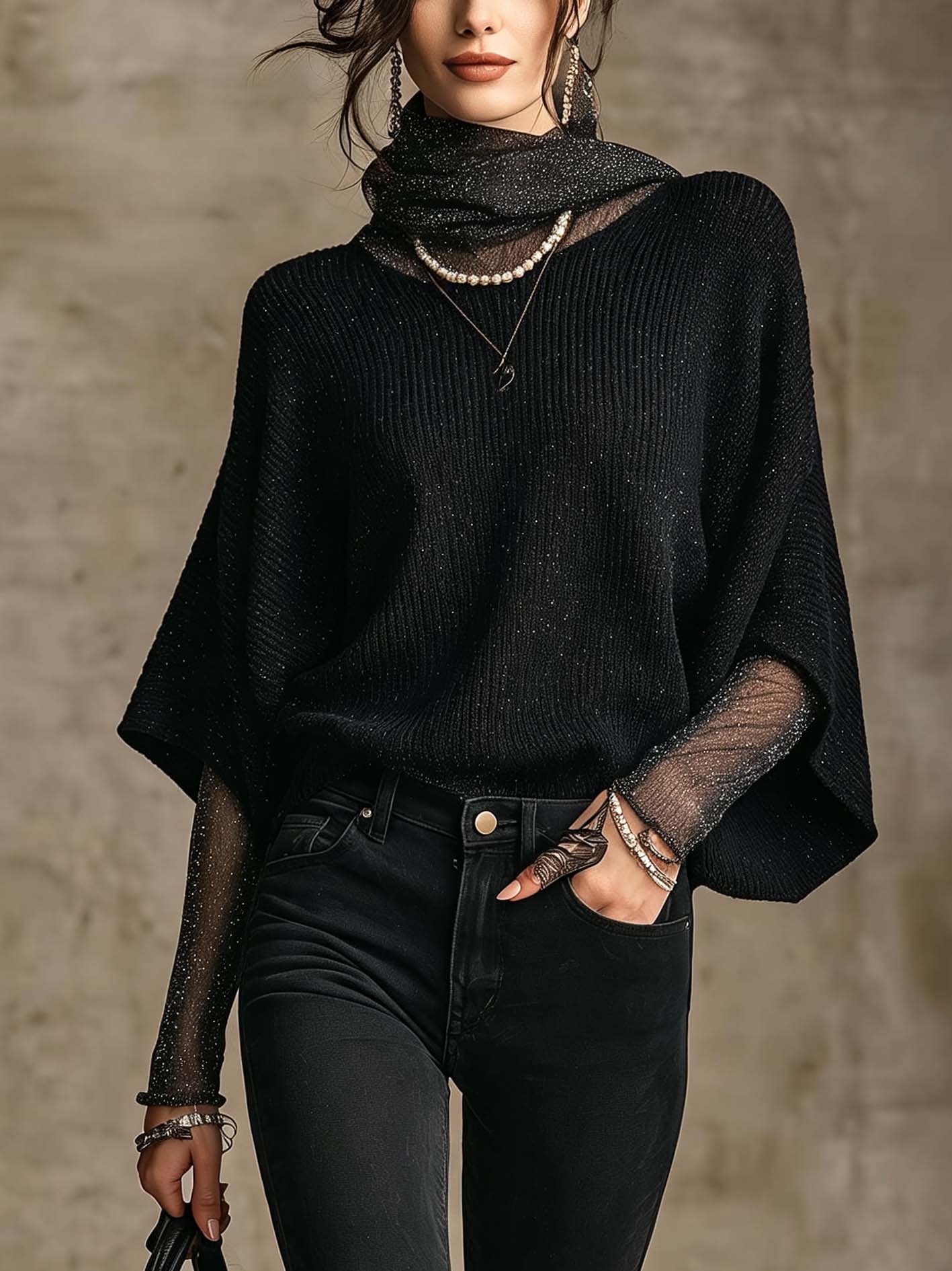 Black Shimmer Mesh Patchwork Batwing Sweater With Cowl Neck