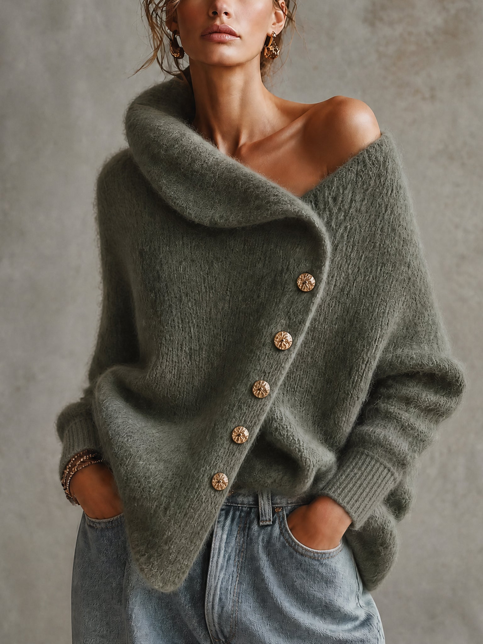 Olive Green Alpaca Blend Off Shoulder Loose Sweater