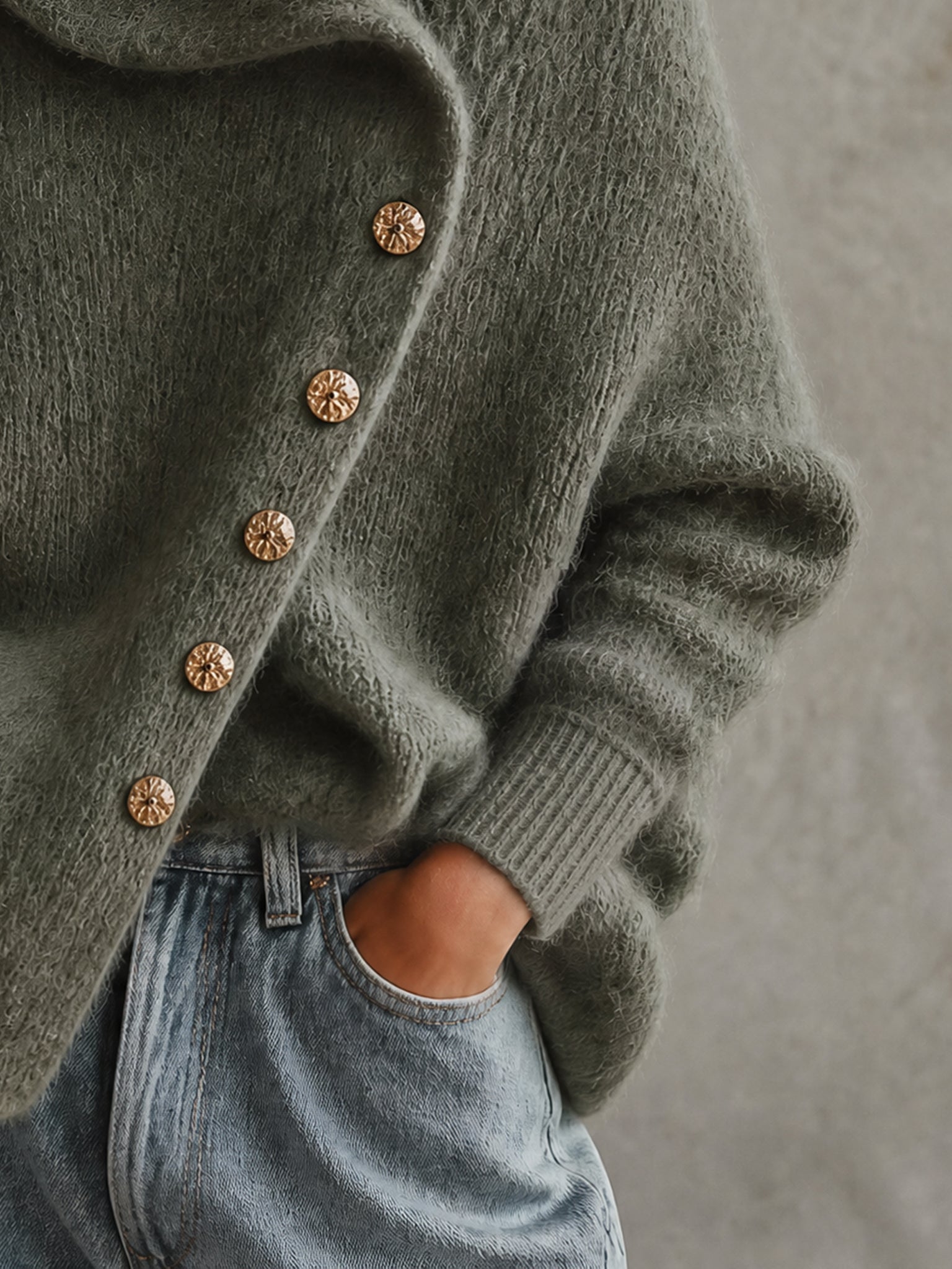 Olive Green Alpaca Blend Off Shoulder Loose Sweater