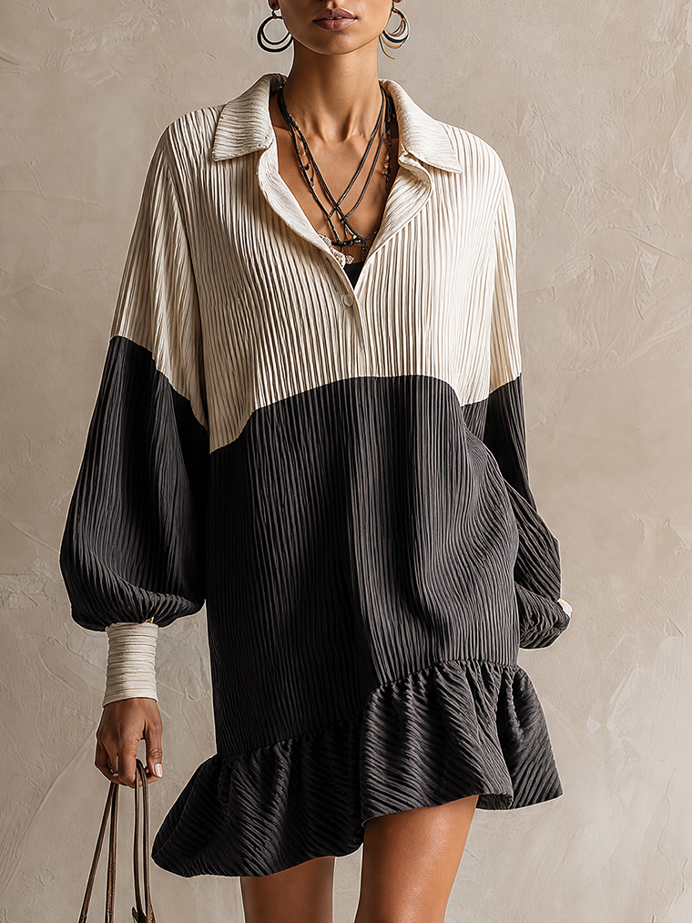 Ivory And Black Color-Block Pleated Mini Dress