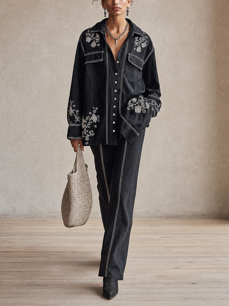 Midnight Navy Linen Embroidered Shirt And Straight-Leg Pants Set
