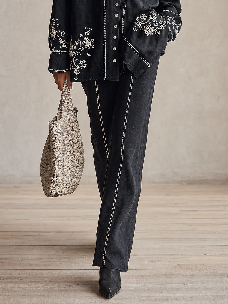 Midnight Navy Linen Embroidered Shirt And Straight-Leg Pants Set