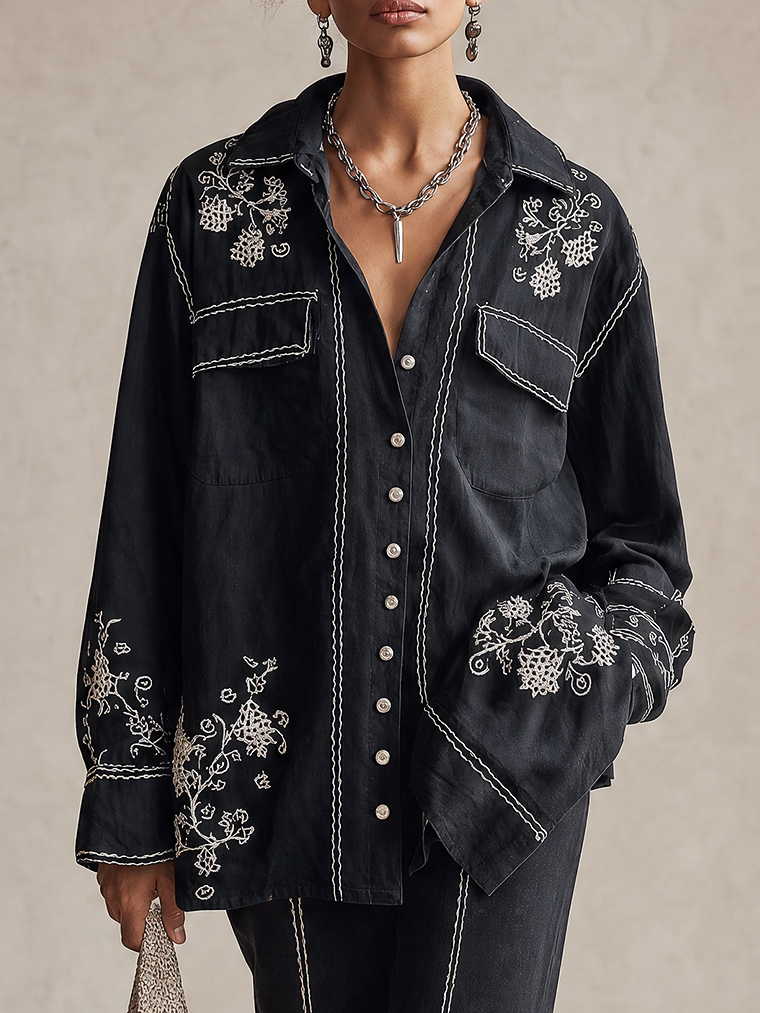 Midnight Navy Linen Embroidered Shirt And Straight-Leg Pants Set