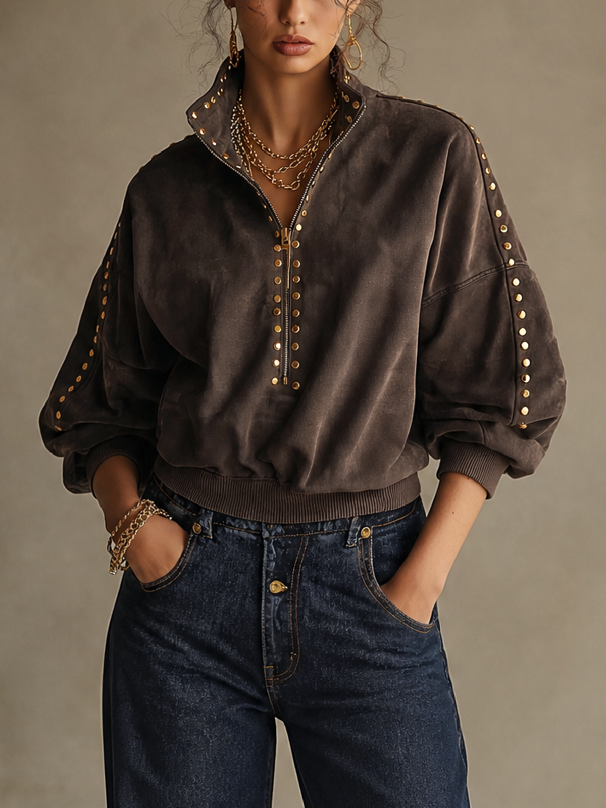 Dark Brown Gold‑Studded Half Zip Stand Collar Suede Top