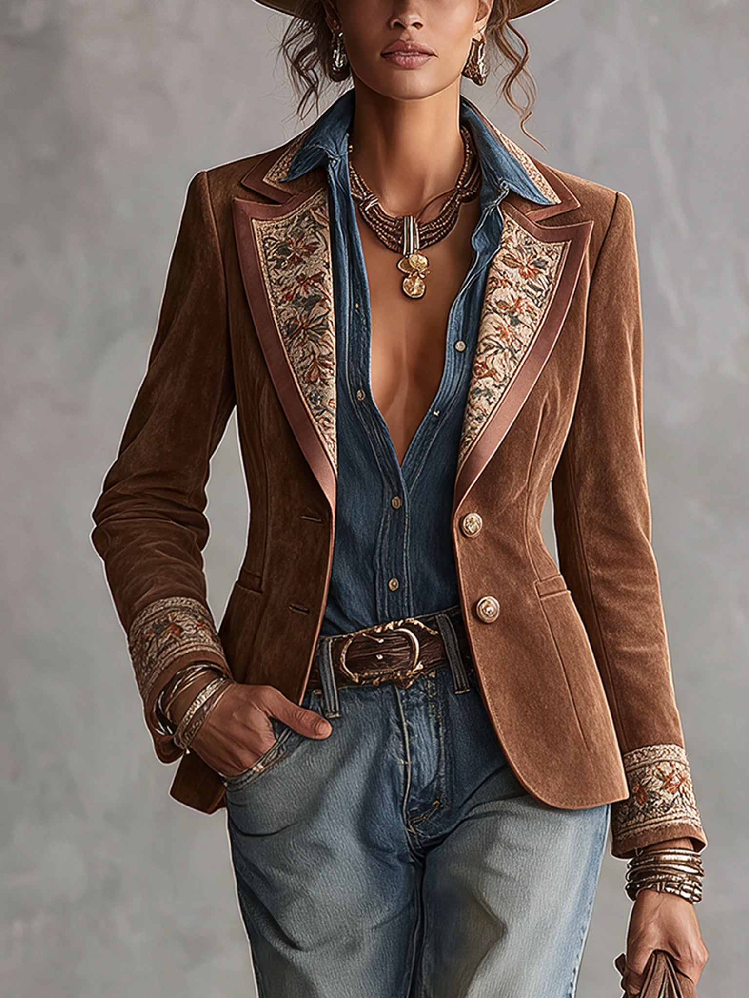 Brown Faux Suede Vintage Print Blazer