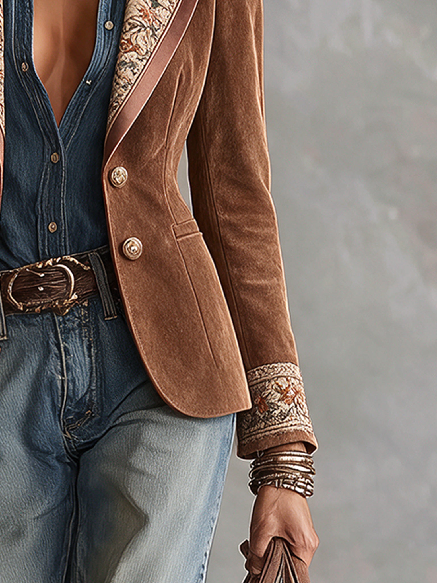 Brown Faux Suede Vintage Print Blazer