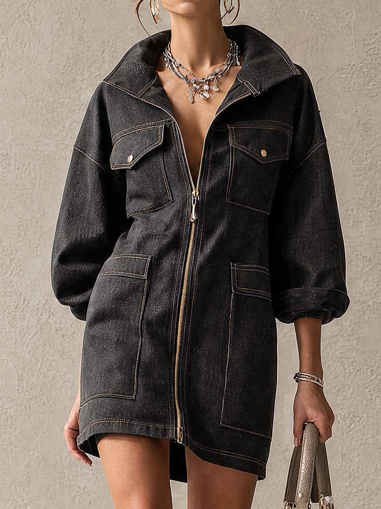 Washed Black Cotton Zip-Front Utility Mini Dress