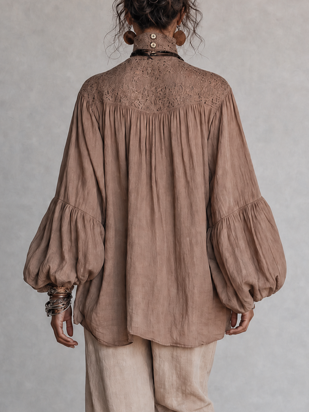 Mocha Lace High Neck Balloon Long Sleeve Blouse