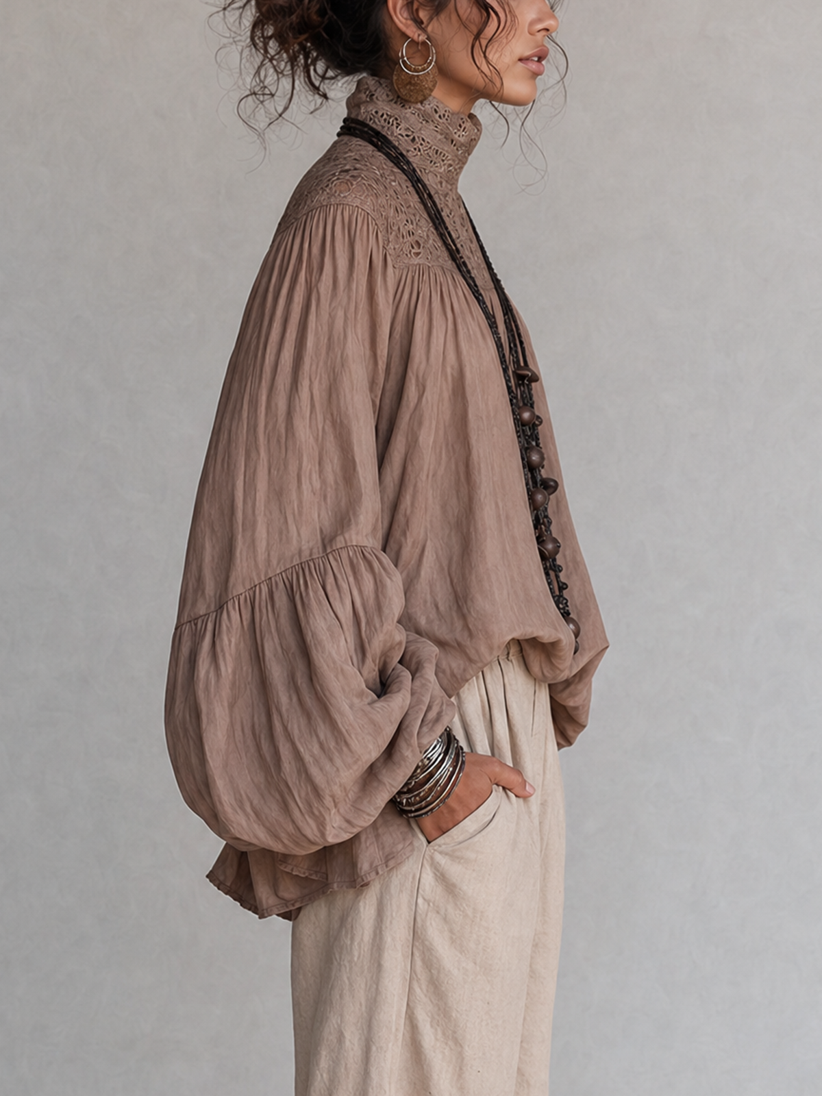 Mocha Lace High Neck Balloon Long Sleeve Blouse