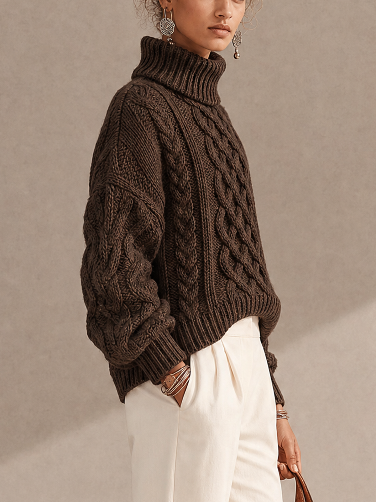Dark Brown Cable Knit Turtleneck Cropped Sweater