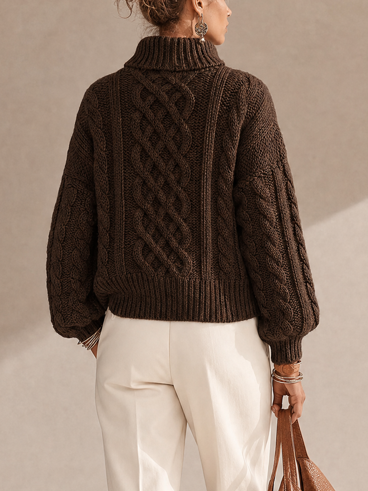 Dark Brown Cable Knit Turtleneck Cropped Sweater