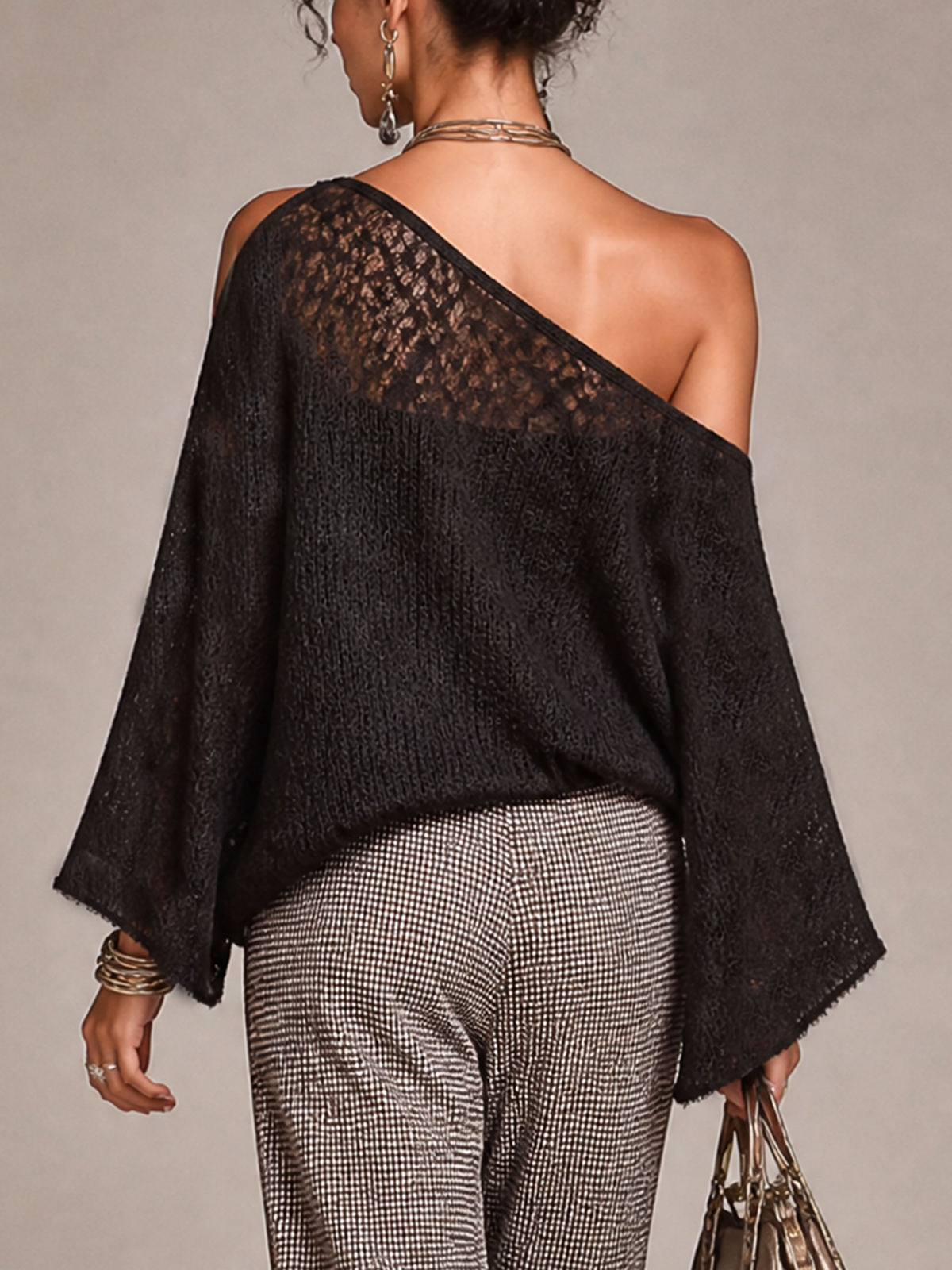 Black Lace Asymmetric Off‑Shoulder Dolman Sleeve Blouse