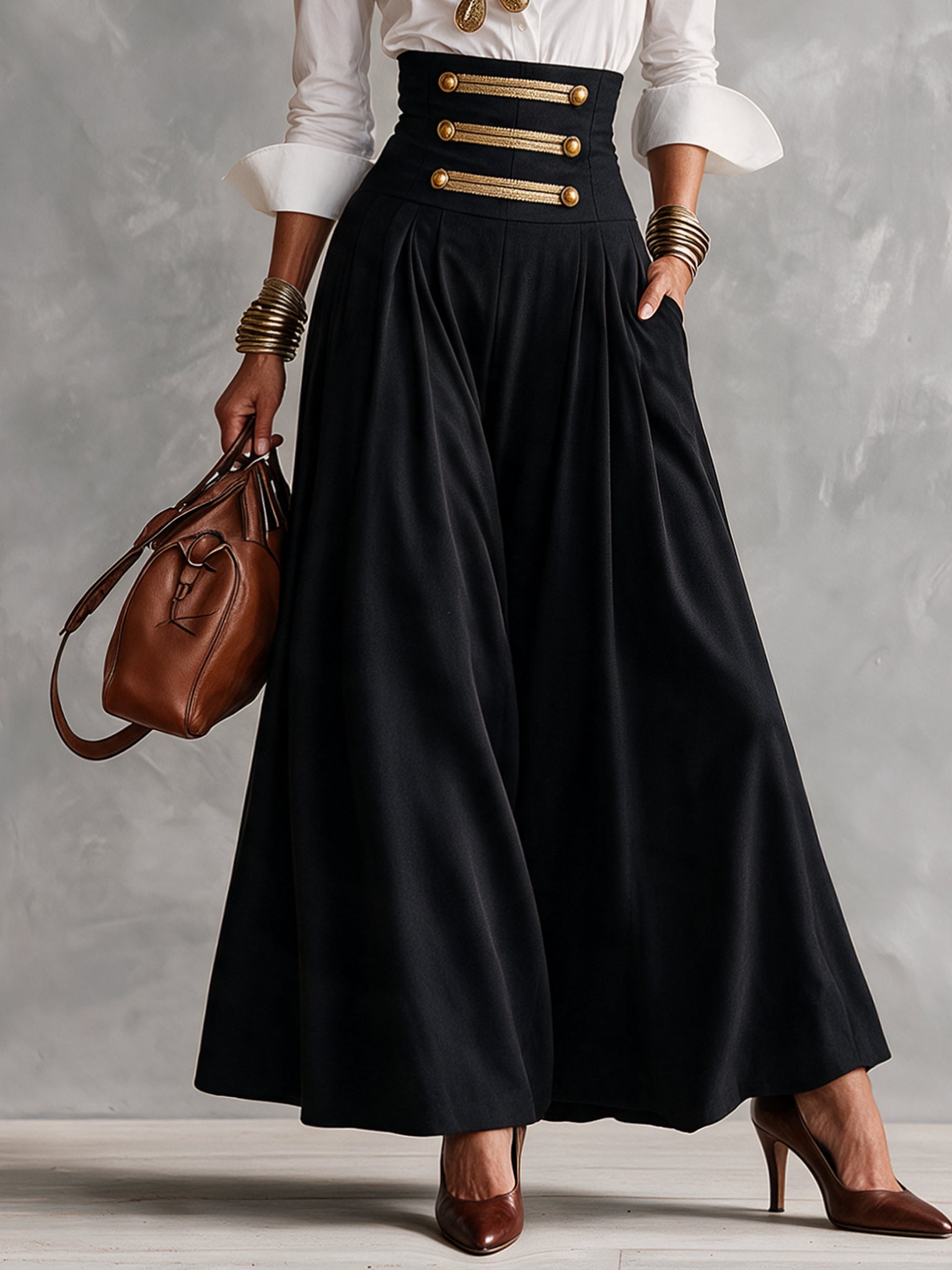 White Shirt And Black Vintage Gold Button High Waisted Skirt Set