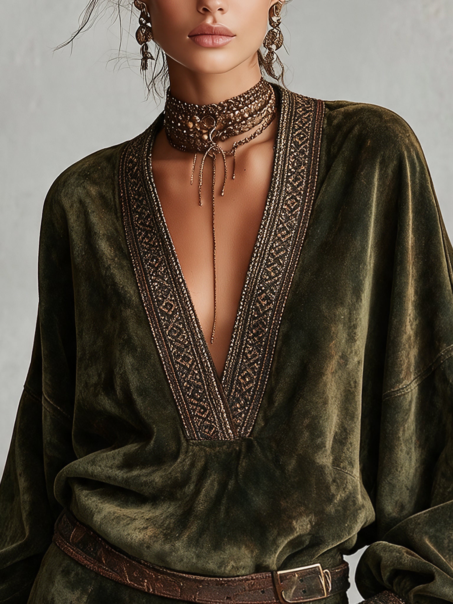 Vintage Olive Faux Suede Deep V-Neck Mini Dress