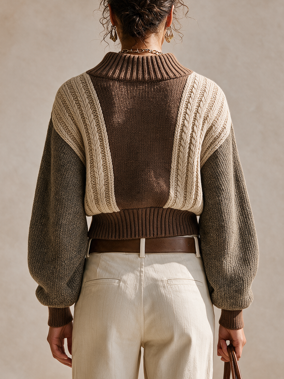 Color Block Cable Knit Zip‑Up Cropped Knit Jacket