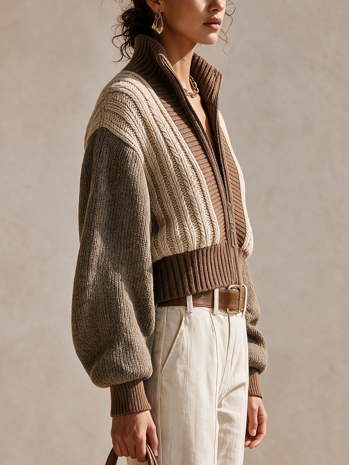 Color Block Cable Knit Zip‑Up Cropped Knit Jacket