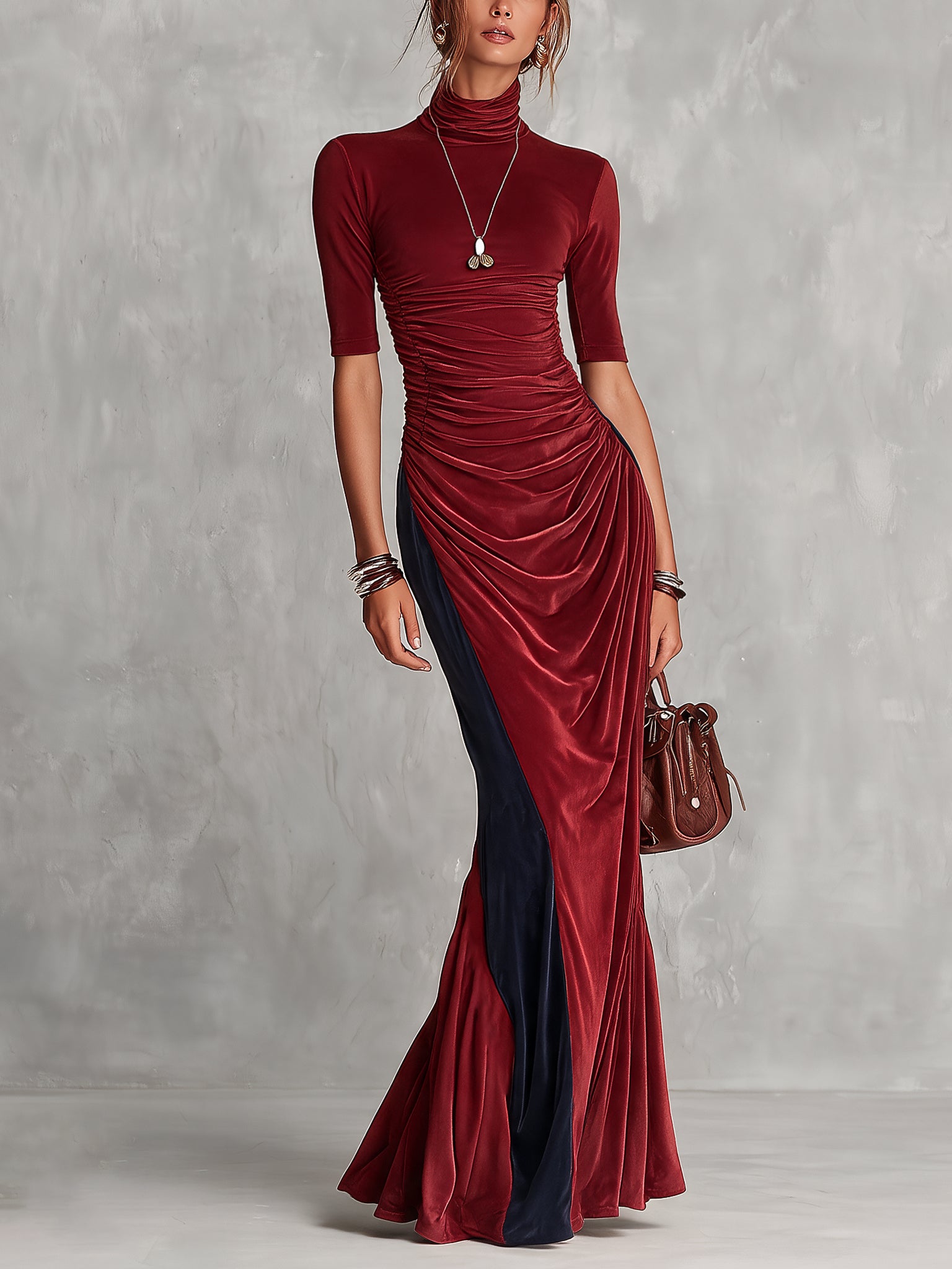 Burgundy And Navy Colorblock Velvet Mock Neck Mermaid Maxi Dress