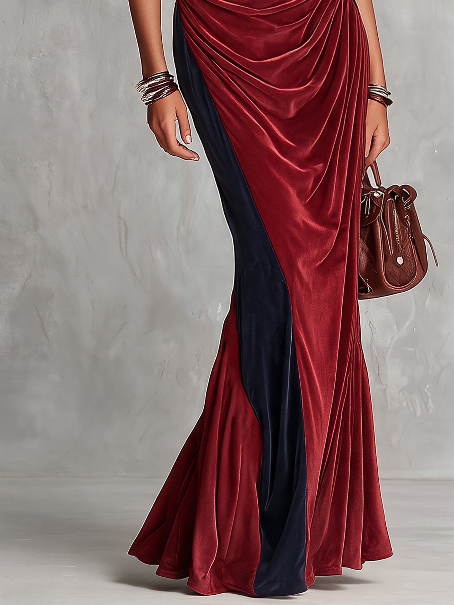 Burgundy And Navy Colorblock Velvet Mock Neck Mermaid Maxi Dress
