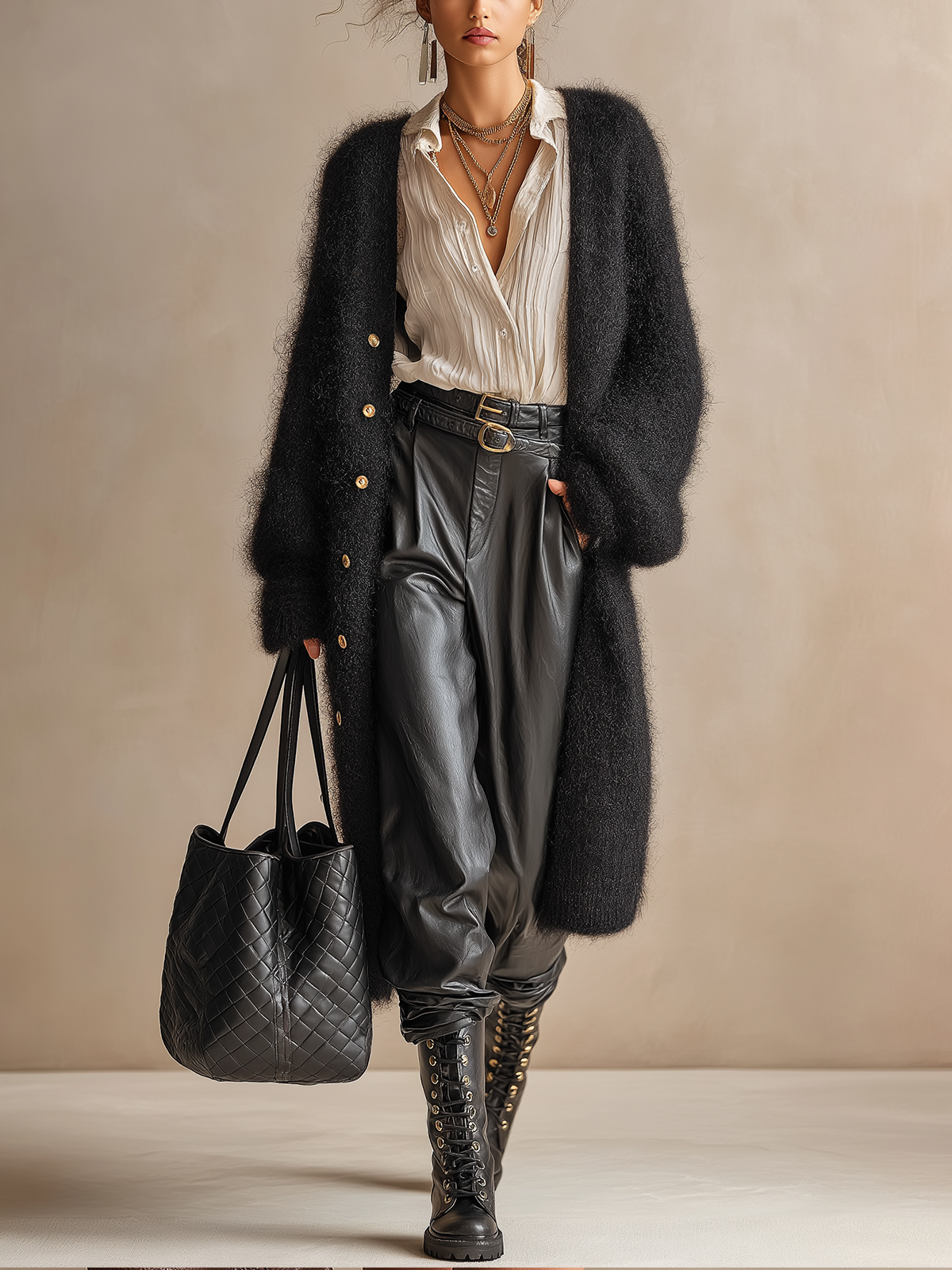 Black Fuzzy Mohair‑Blend Long Button‑Front Cardigan