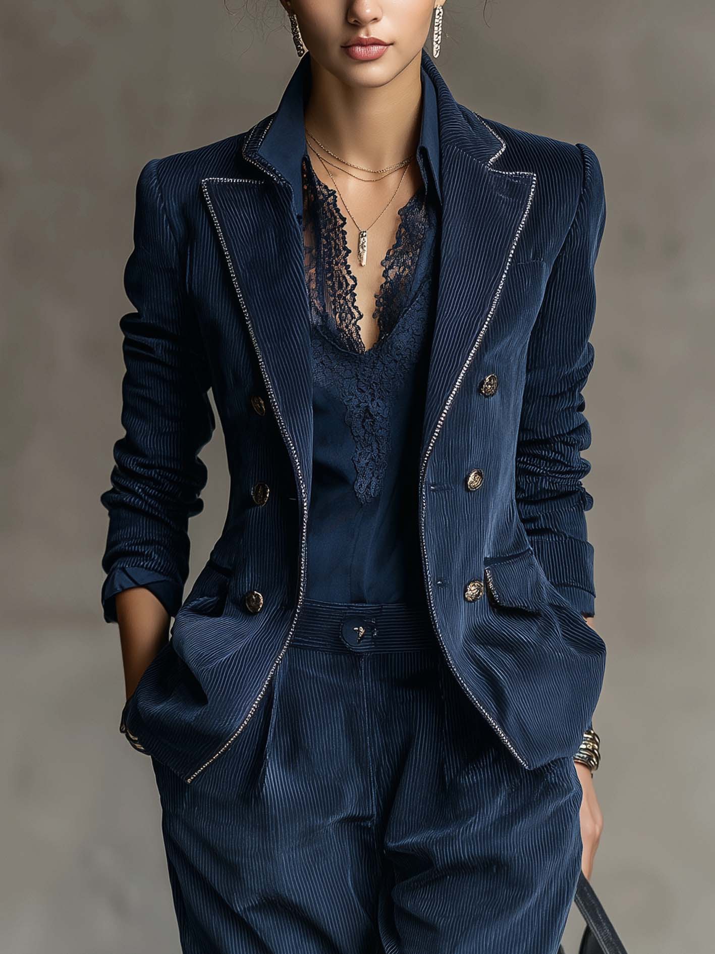 Navy Textured Double-Breasted Blazer With Rhinestone Trim And Embossed Buttons