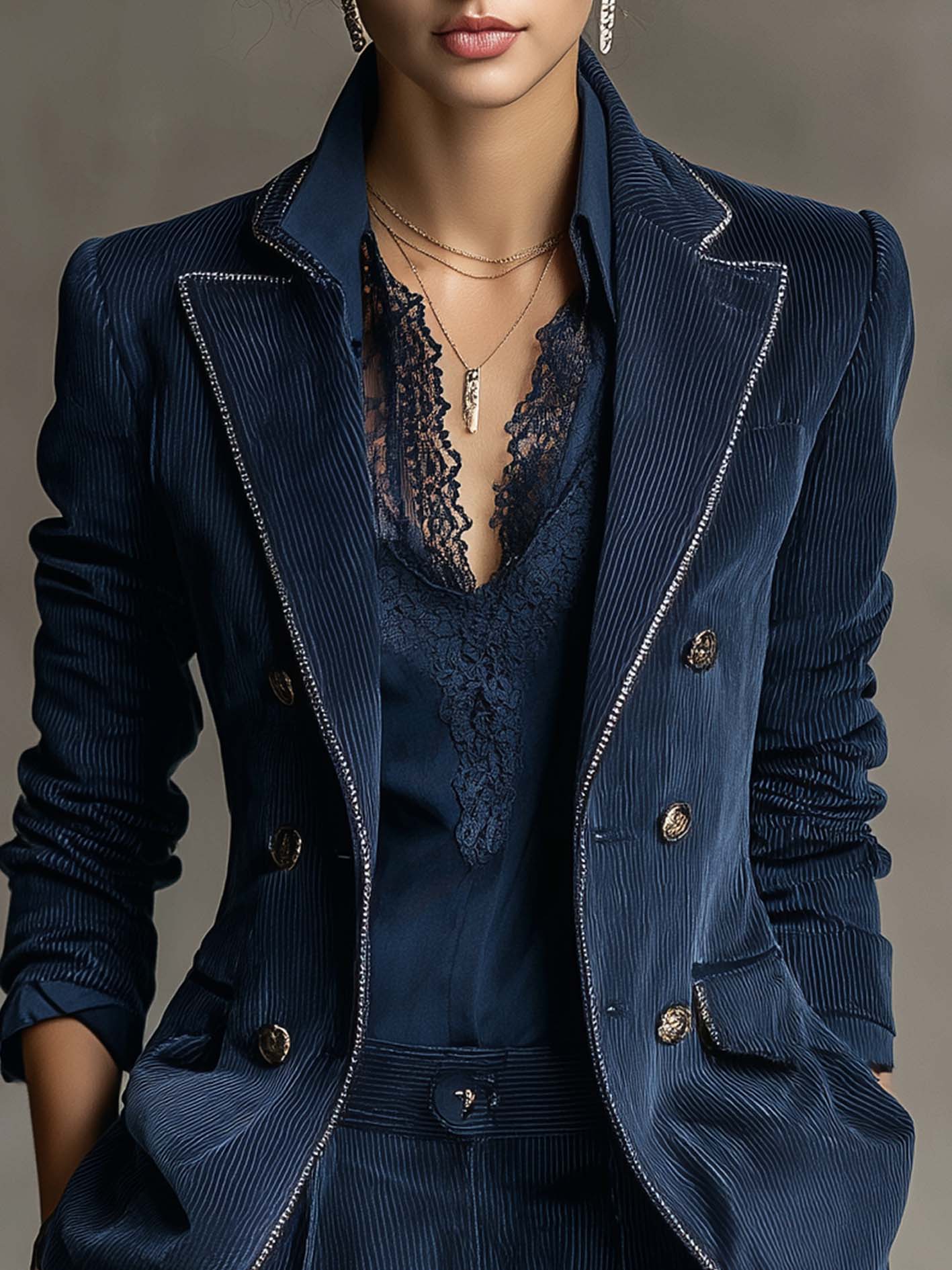 Navy Textured Double-Breasted Blazer With Rhinestone Trim And Embossed Buttons