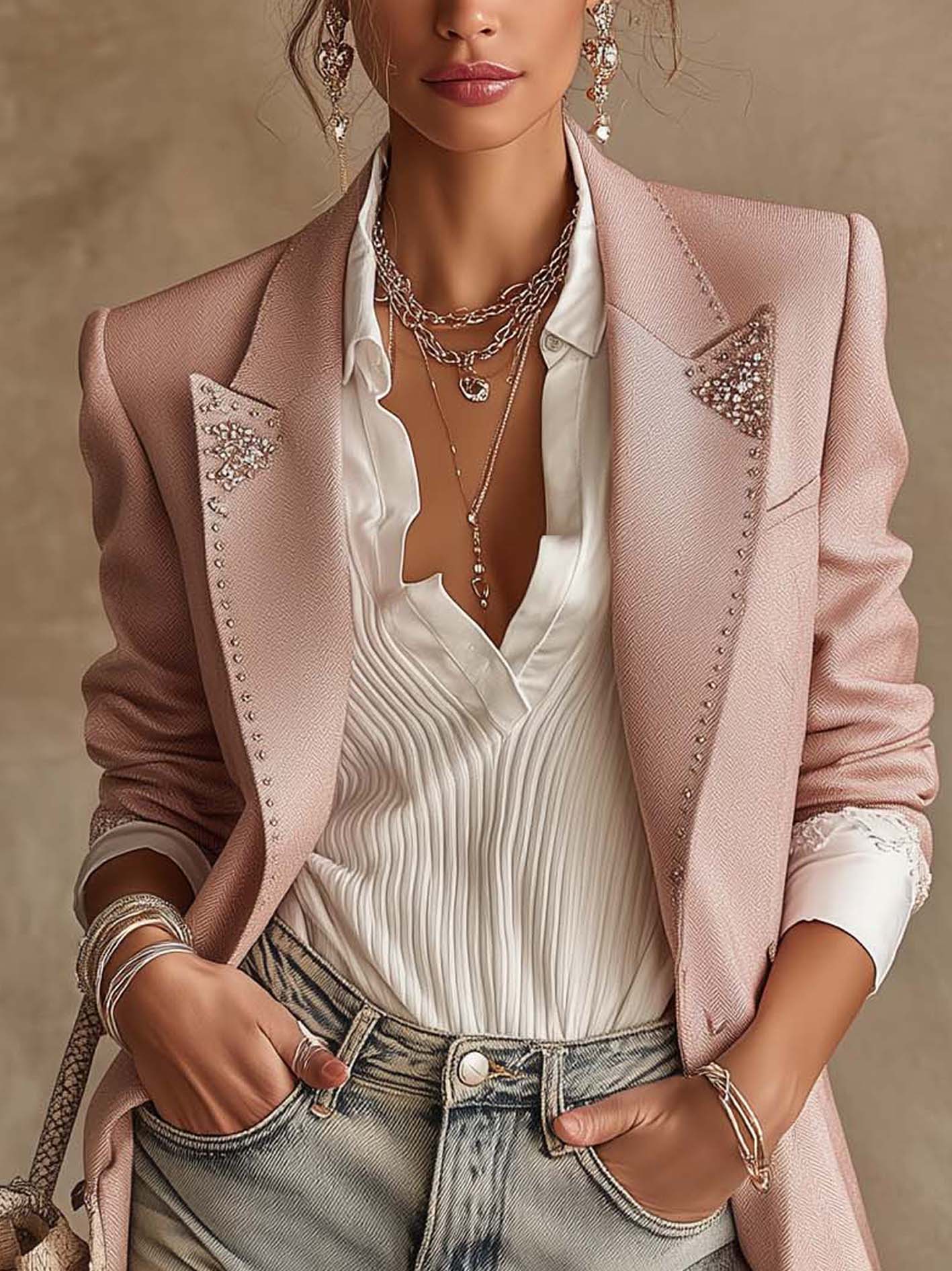 Pink Rhinestone Embellished Two-Button Tailored Blazer