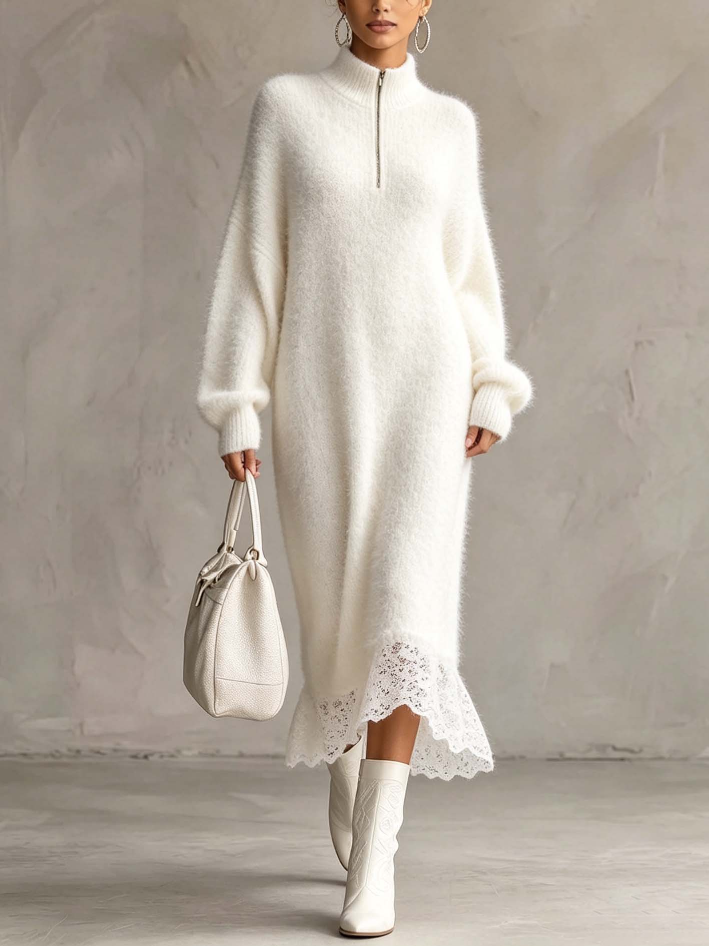 White Fuzzy Knit Maxi Dress With Half Zip Mock Neck And Lace Hem